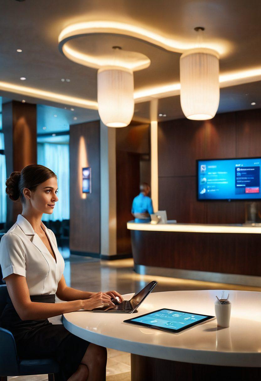A sleek hotel lobby with a friendly receptionist using a tablet to check in guests, while a digital tablet displays room service options on a nearby table. Soft lighting accentuates a modern decor, with guests comfortably lounging in the background. Incorporate elements of technology with glowing screens and futuristic designs. vibrant colors. super-realistic.