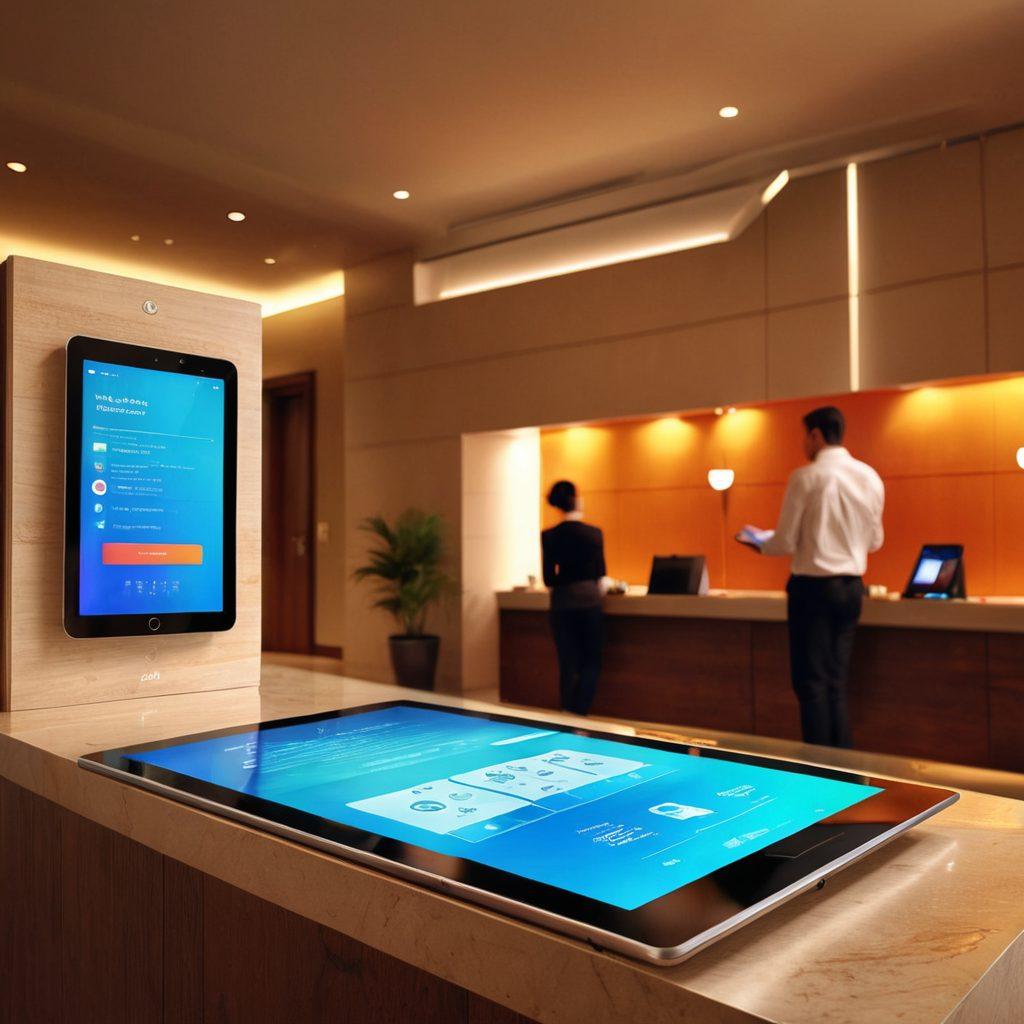A modern hotel lobby showcasing sleek tablet technology in use. Guests interacting with tablets for check-in and information while friendly staff assist. Futuristic design elements with soft lighting and vibrant colors. Incorporate digital interfaces displaying hotel features and amenities. super-realistic. vibrant colors. 3D.
