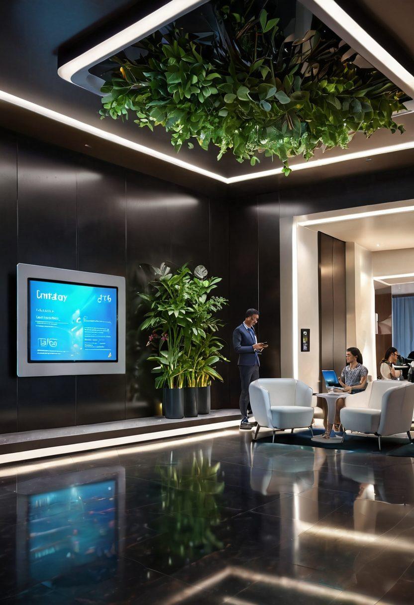A futuristic hotel lobby featuring sleek, modern designs with digital tablets integrated into the furniture. Guests interacting with interactive tablet displays providing personalized services while staff assist in the background. The ambiance is high-tech with ambient lighting, greenery, and holographic information displays. Showcase diverse guests enjoying their experience together. super-realistic. vibrant colors. 3D.